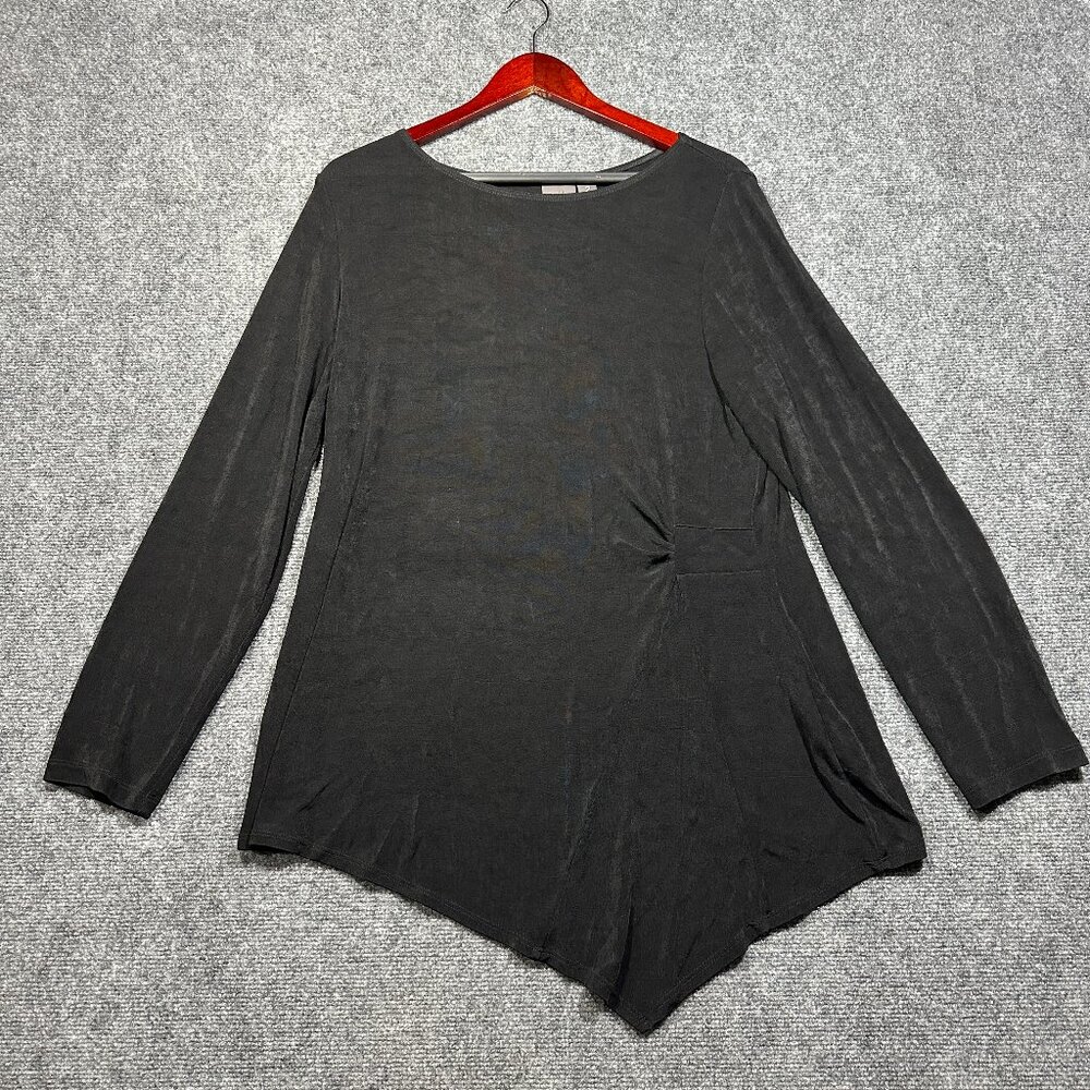 Chicos Travelers Top Womens Large Black Stretch Chicos 2 Gather Side Pullover